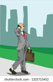 Vector illustration of bussines man walking in park in big city with skyscarpers in background during break