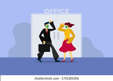 Vector Illustration of Bussiness man and employee do an elbow greeting each other in front of office, new normal of corona virus covid-19 era