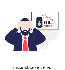 Vector illustration of bussinessman with beard and tie in stress and panic with down price statistics on the desk cause oil economic crisis. Falling markets, drop bonds and stocks.