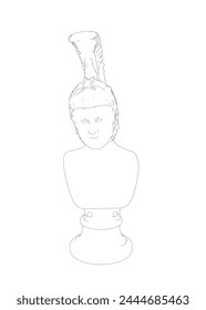 Vector illustration of a bust of Greek God Ares. Statue bust outline made of black lines isolated on white background.