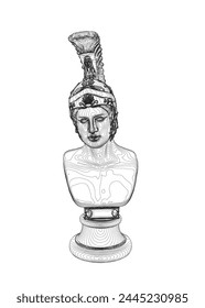 Vector illustration of a bust of Greek God Ares. Statue bust outline made of black lines isolated on white background.