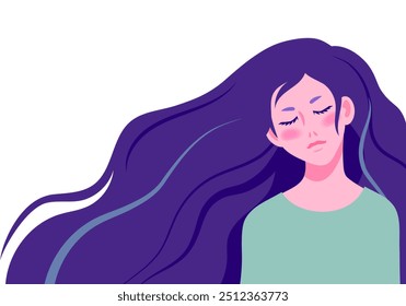 Ilustração vetorial de um busto de uma mulher de cabelos longos fechando seus olhos