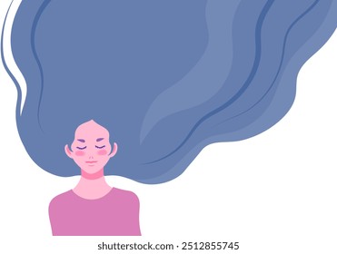 Vector illustration of a bust-up of a long-haired woman closing her eyes