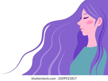 Vector illustration of a bust-up profile of a long-haired woman with her eyes closed