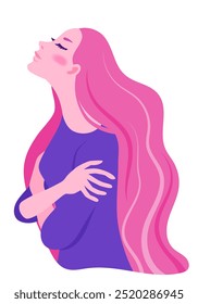 Vector illustration of a bust-up profile of a long-haired woman hugging herself with her eyes closed