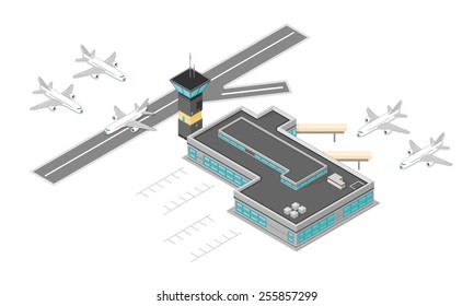 A Vector Illustration Of A Busy Airport With A Runway, Control Tower And Planes. Isometric Airport. Airport With Planes Landing And Taking Off.