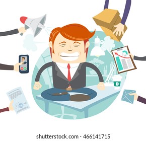 Vector illustration Busy Angry Hipster Businessman Multitasking At Desk In Office