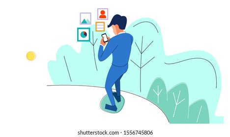vector illustration of a busy businessman with work on his cellphone. file management in business file fields. someone is running busy using a cellphone.