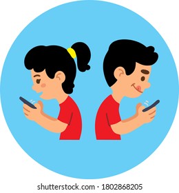 Vector Illustration of Busy Children Playing Mobile