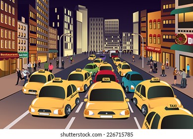 A Vector Illustration Of Busy City In The Evening