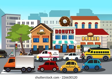 A Vector Illustration Of Busy City In The Morning