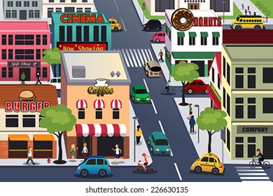 A Vector Illustration Of Busy City In The Morning