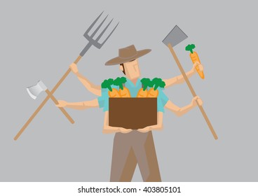 Vector illustration of busy farmer cartoon character with multiple arms holding different work tools isolated on plain grey background.