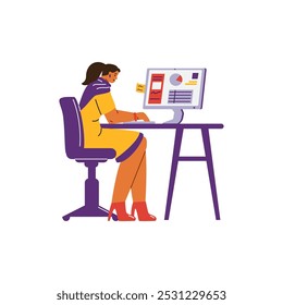 Vector illustration of a busy Indian woman in a traditional sorry at a computer with graphs, diagrams and tables. The image is ideal for design related to business