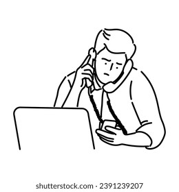 Vector illustration of a busy man talking on the phone and using a laptop