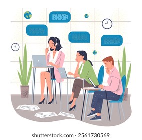 A vector illustration of a busy office environment with three employees working on laptops and documents. Speech bubbles and clocks highlight communication and deadlines. Teamwork concept