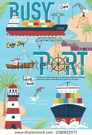Vector illustration of busy port in poster style