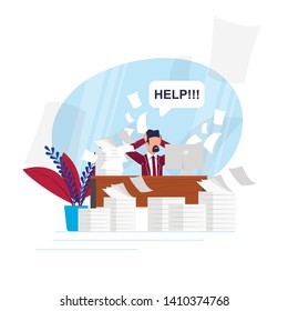 Vector Illustration Busy Rhythm Life Cartoon Flat. Man Asks for Help Unloading Work Tasks. Lack Time and Poor Distribution Forces Leads to Non-productive Work. Person Experiencing Anxiety.