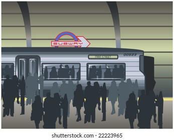 vector illustration of a busy subway platform... all elements on separate layers and contained in clipping mask... inner people contained in clipping mask of windows..