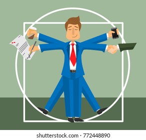 Vector illustration of busy vitruvian businessman cartoon multitasking