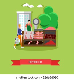 Vector illustration of butcher in flat style. Buyer woman is going to do shopping. Meat, bacon, frankfurters, salami. Stall in the market with meat products.