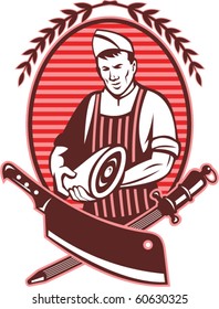 vector  illustration of a Butcher holding leg of pork meat with butcher's knife and sharpening tool in foreground