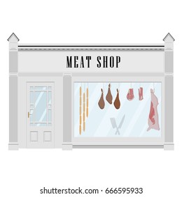 Vector illustration butcher meat shop facade icon. Sausages, beef carcass and steak. Butchery. 