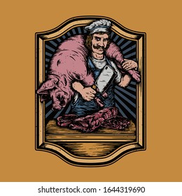Vector illustration of butcher with pig