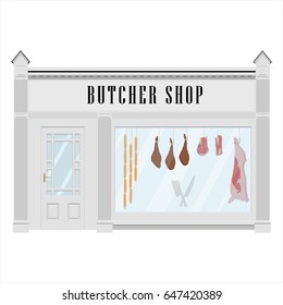Vector illustration butcher shop facade icon. Sausages, beef carcass and steak. Butchery. 