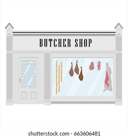 Vector illustration butcher shop facade icon. Sausages, beef carcass and steak. Butchery
