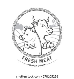 vector Illustration of butcher shop logo, meat label template with cow and pig