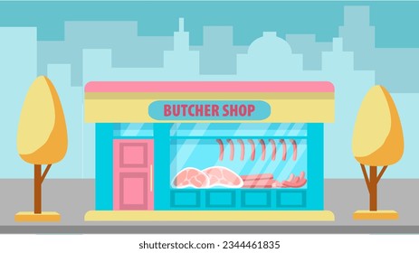 Vector illustration of a a butcher shop on autumn street. exterior facade of the store building in the autumn city. The facade of a grocery store. Vector illustration in flat cartoon style.