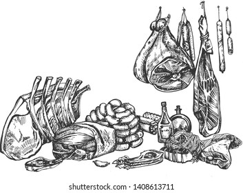 Vector illustration of butchers craft shop and farmers market set. Still life of meat, sausages, ham, hamon, pork, ribs, beef, bacon, bottle of marinade. Vintage hand drawn style.

