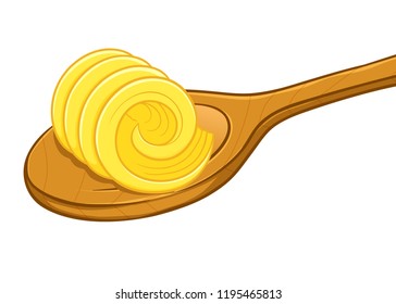 Vector illustration of butter curl on wooden spoon, isolated over a white background