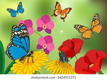 Vector illustration of butterflies among vivid flowers, showcasing bright colors and intricate details in a natural setting