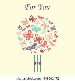 Vector illustration with butterflies and bouquet in vintage colors
