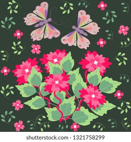 Vector illustration with butterflies, bright flowers on a dark green background, artistic, textured. Beautiful summer and spring greeting card design template.