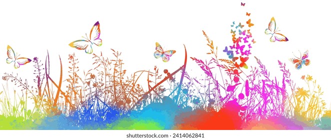 Vector illustration with butterflies in colored grass silhouette on white background. hand drawing. Not AI,