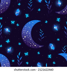 Vector illustration with butterflies and crescent with constellations on violet background. Contemporary composition. Trendy texture for print, textile, packaging.