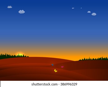 vector illustration of butterflies in a field at sunset
