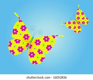 a vector illustration of butterflies with floral patterned wings flying