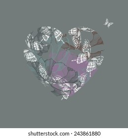 Vector illustration with butterflies and flowers in the heart, hand-drawing.