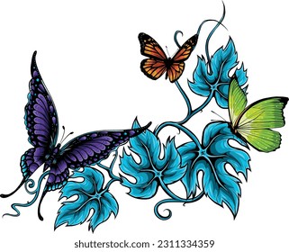 vector illustration of Butterflies and flowers isolated on white