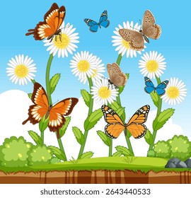 Ilustração vetorial de borboletas flutuando entre margaridas em um jardim brilhante e ensolarado. Apresenta cores vivas e composição detalhada