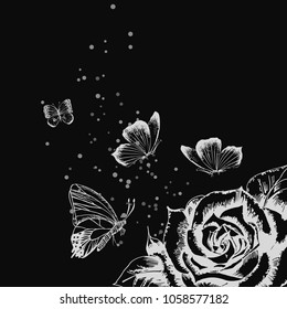 vector illustration. butterflies fly over a flower in the dark background