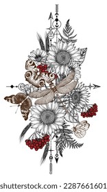 Vector illustration of butterflies, plants, flowers, berries in engraving style