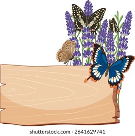 Vector illustration of butterflies resting on lavender with a wooden sign. Vibrant colors and detailed composition