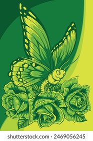 Vector illustration of butterflies and roses on white background