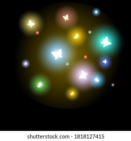 Vector illustration of butterflies shining magic fireflies multicolored colors bright and colorful