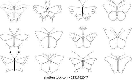 Vector illustration of butterflies in a simple linear style for coloring books or children's interiors